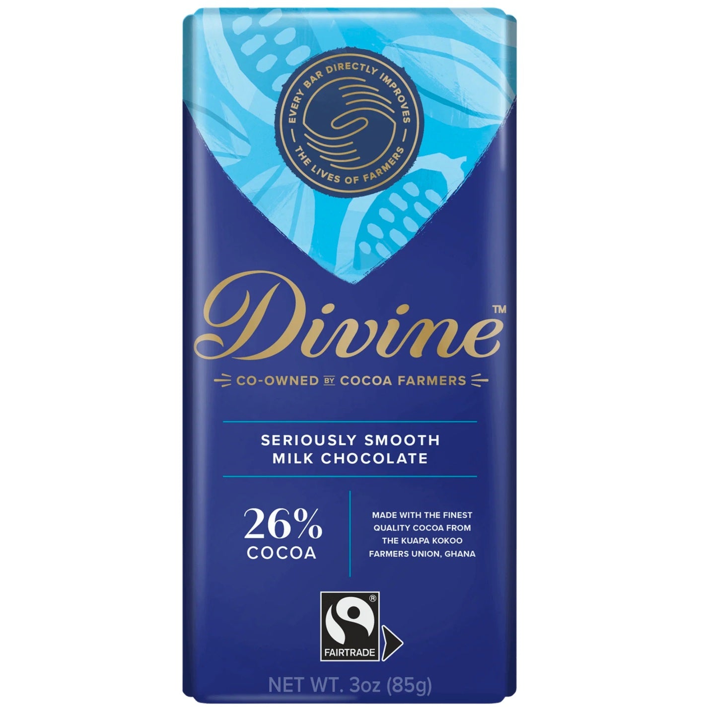 Divine milk chocolate bar packaging with blue and gold design on a white background