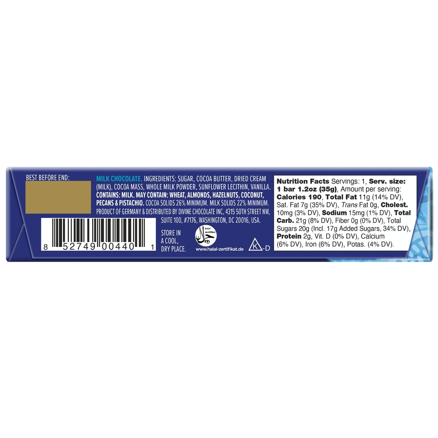 back of a Divine milk chocolate small bar with nutrition facts