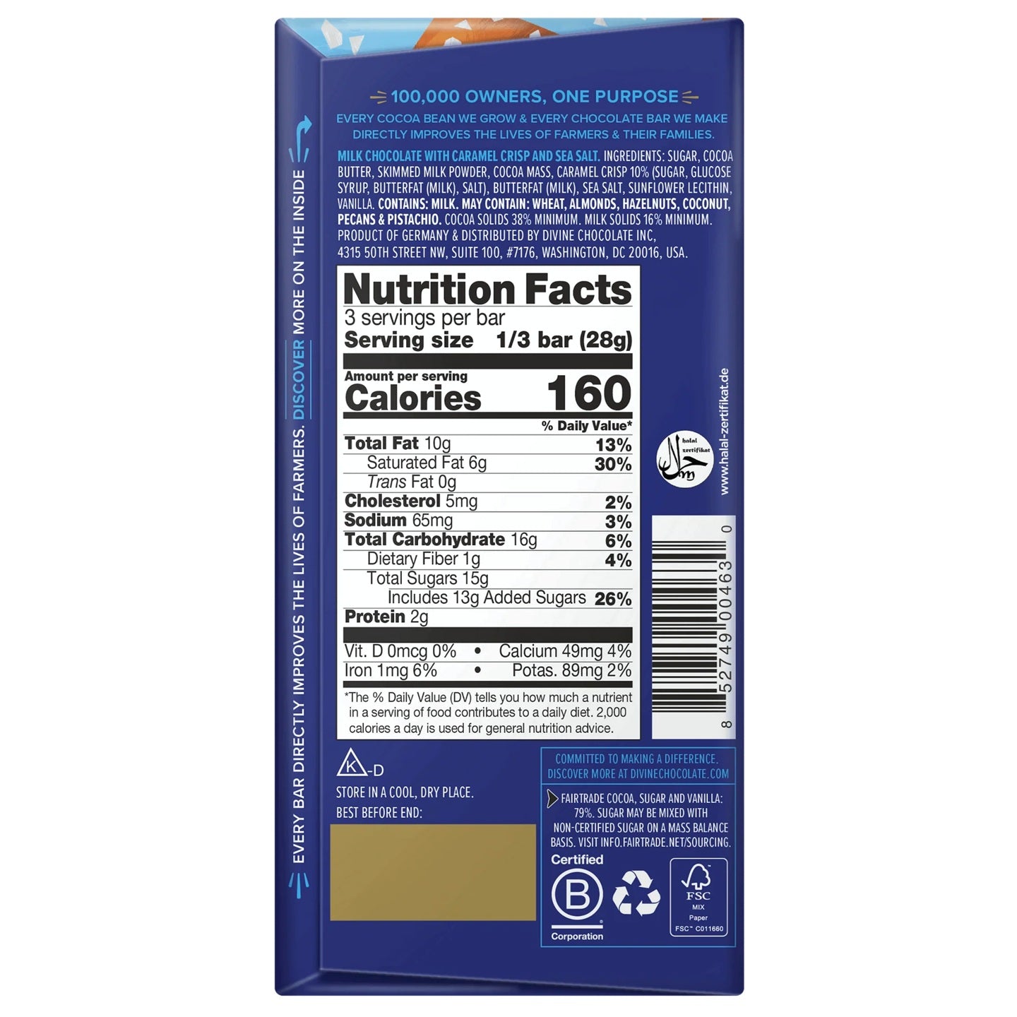 Nutrition facts label on a Divine milk chocolate bar packaging