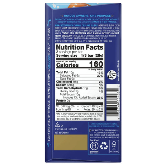 Nutrition facts label on a Divine milk chocolate bar packaging