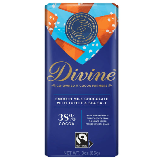 Divine milk chocolate bar with toffee and sea salt with blue and orange design on a white background