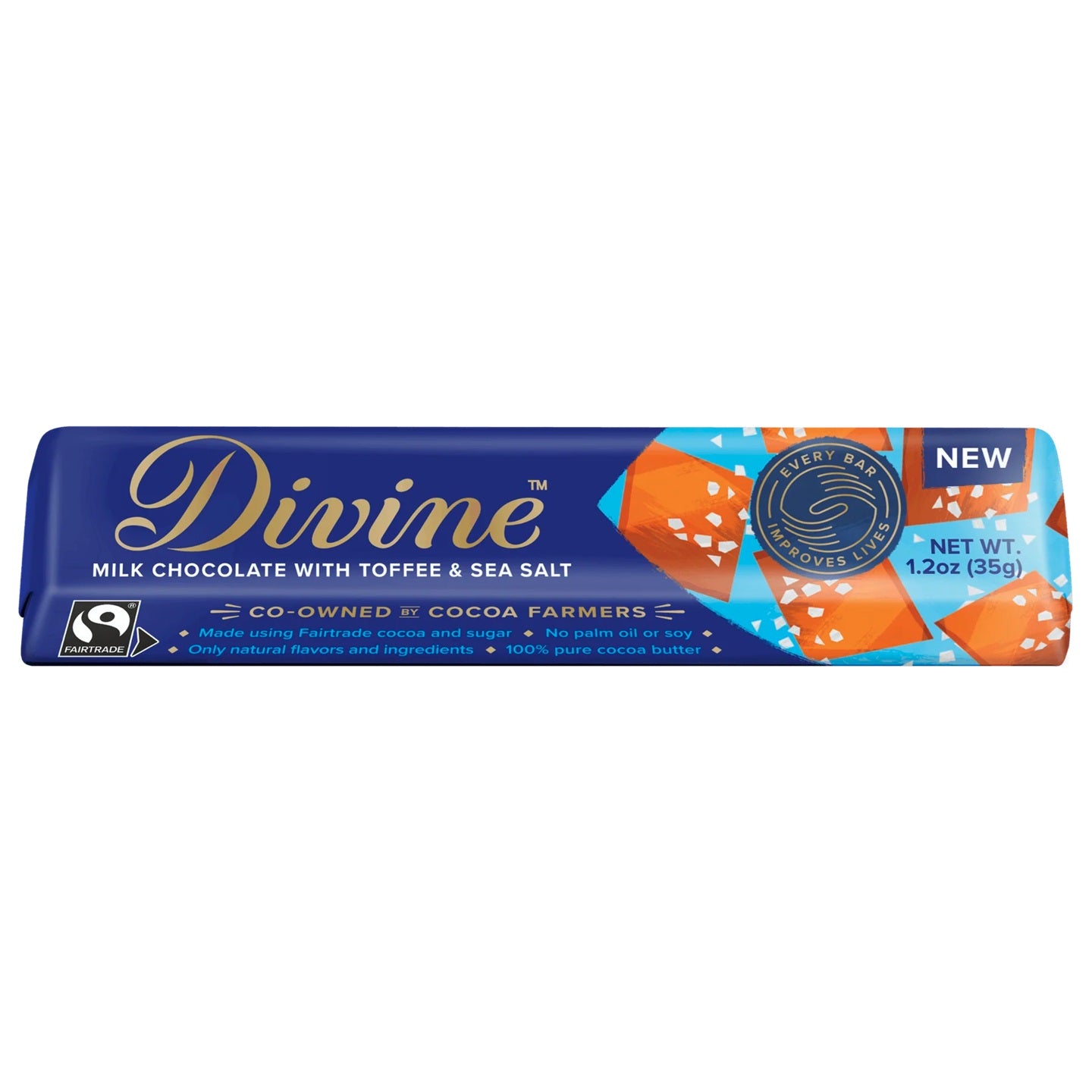Divine milk chocolate bar with toffee and sea salt on a white background