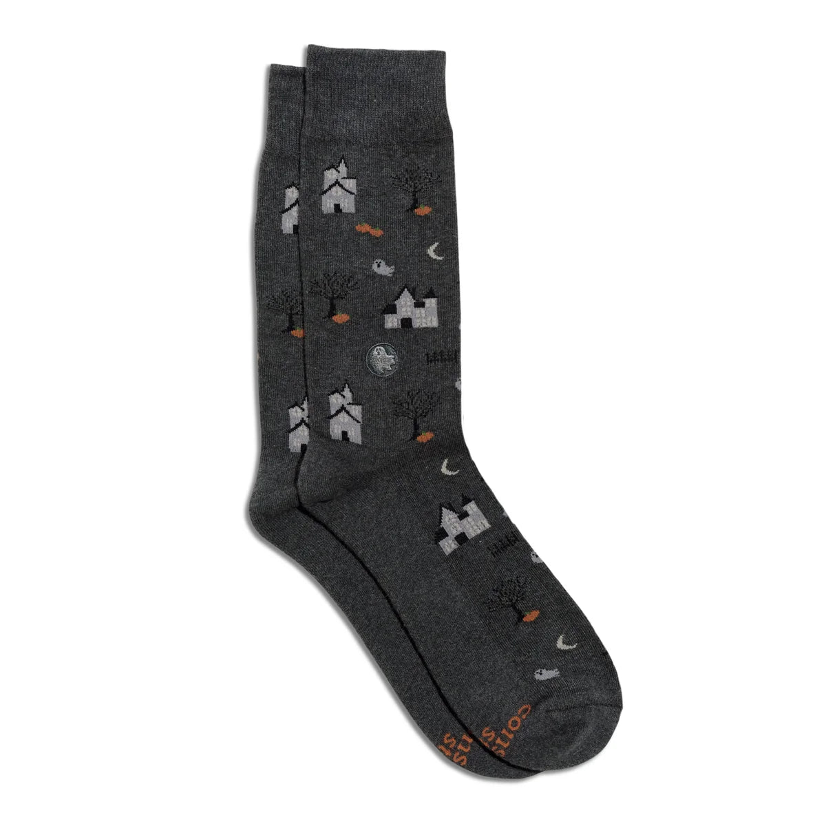 Dark grey socks with spooky houses, ghosts, moons, trees and pumpkins.