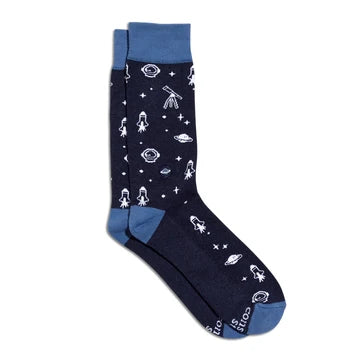 conscience step space socks with dark blue field and small white outer space theme. light blue heal, toe and top 