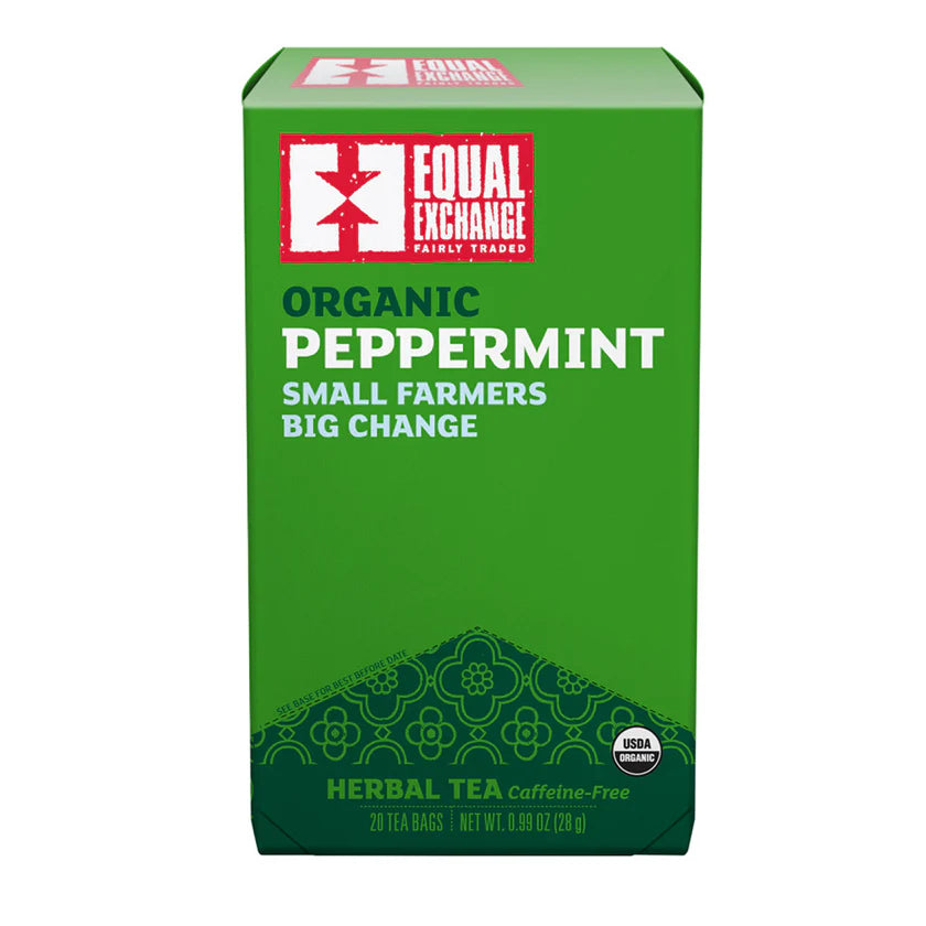 Green box of Equal Exchange organic peppermint herbal tea on a white background