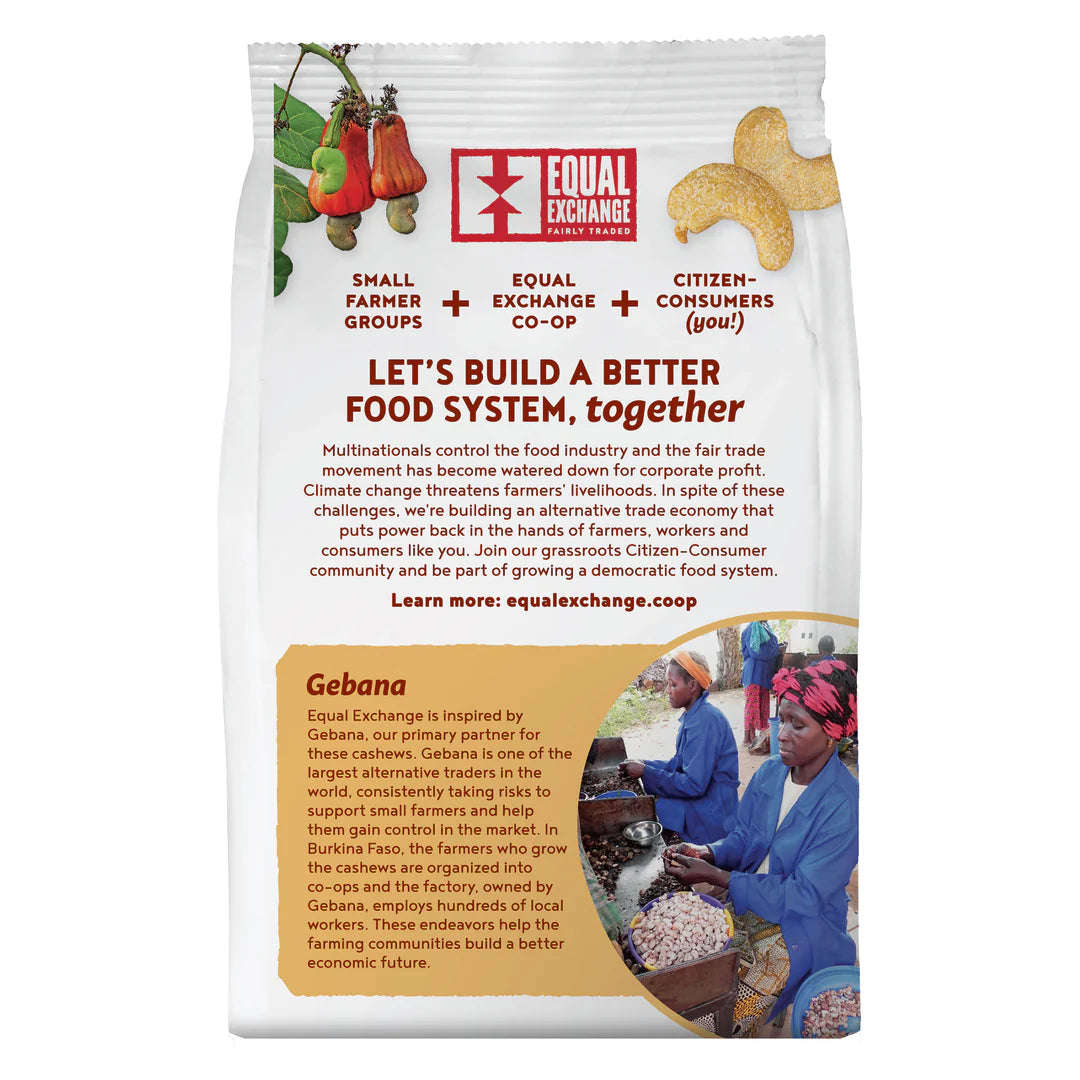 Equal Exchange cashew nuts packaging with text and images on a white background