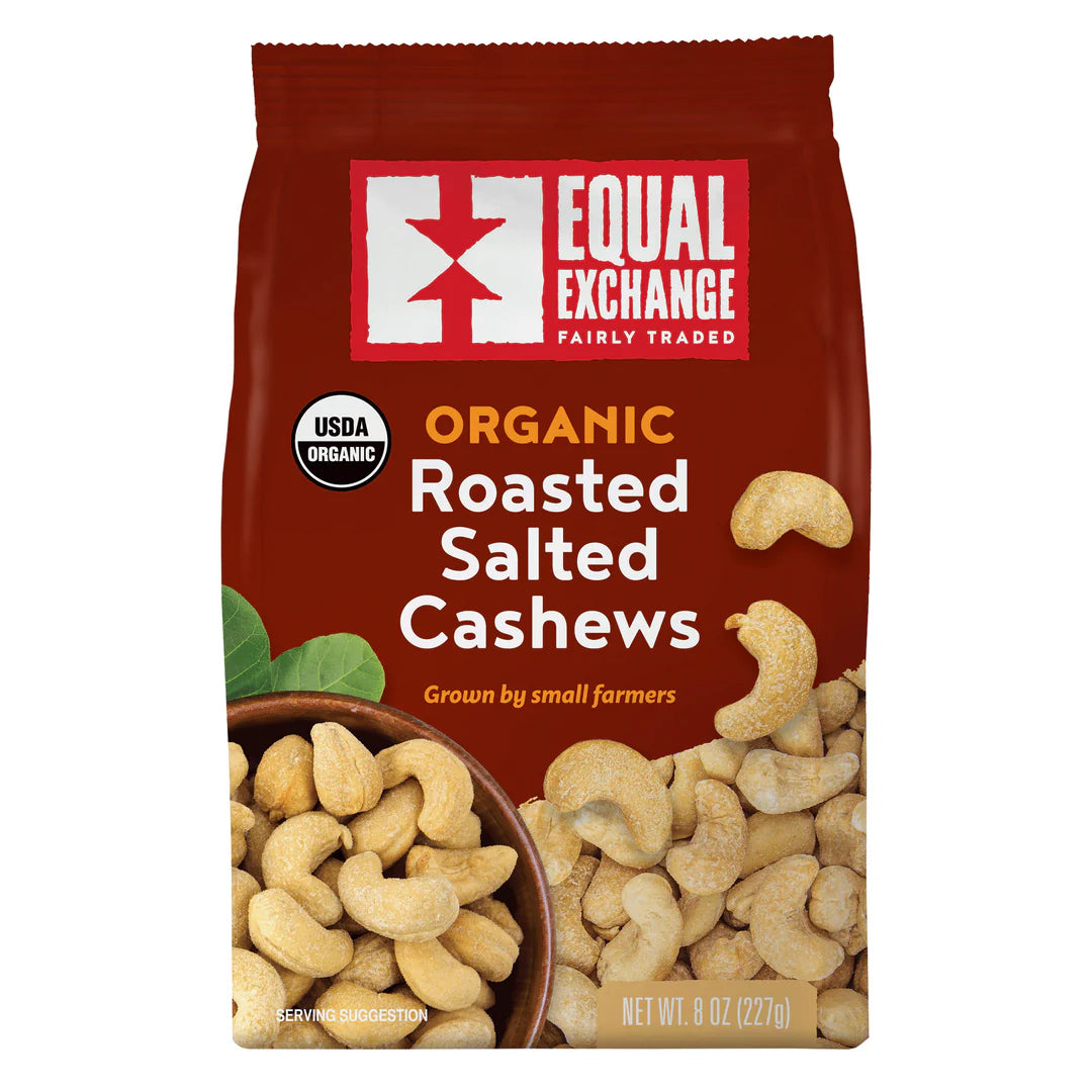 Bag of Equal Exchange organic roasted salted cashews on a white background