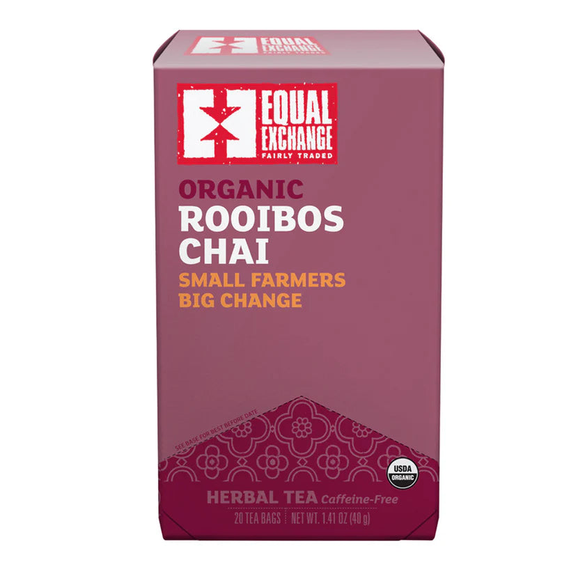 Box of Equal Exchange Organic Rooibos Chai tea on a white background