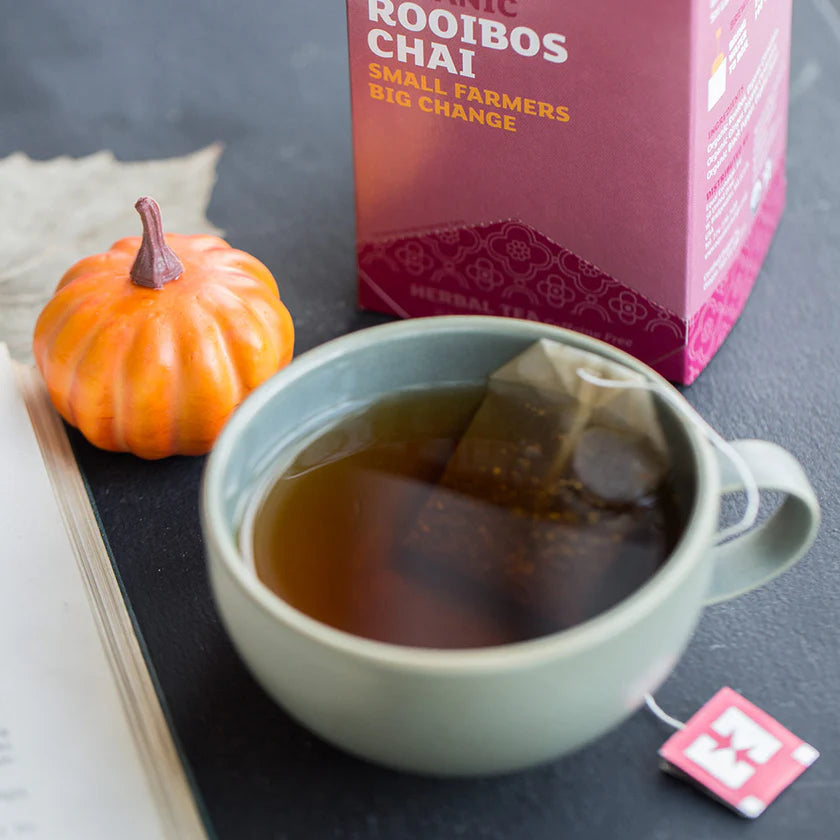 Tea cup with a teabag, pumpkin, and box of Rooibos Chai tea on a dark surface.