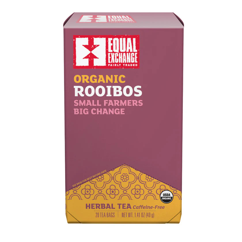 Pink box of Equal Exchange Organic Rooibos Herbal Tea on a white background