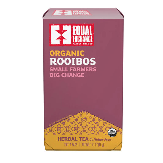 Pink box of Equal Exchange Organic Rooibos Herbal Tea on a white background
