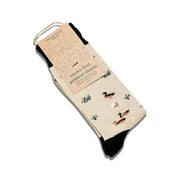 beige socks with dark green heal, toes and top with mallard ducks in tan packaging with green text