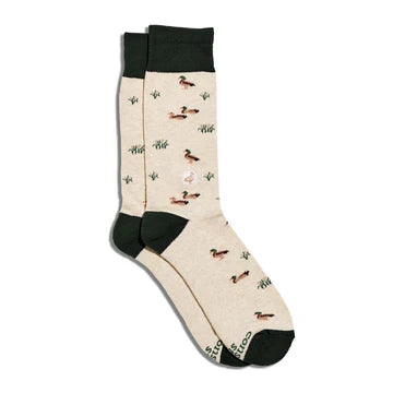 beige socks with dark green heal, toes and top with mallard ducks