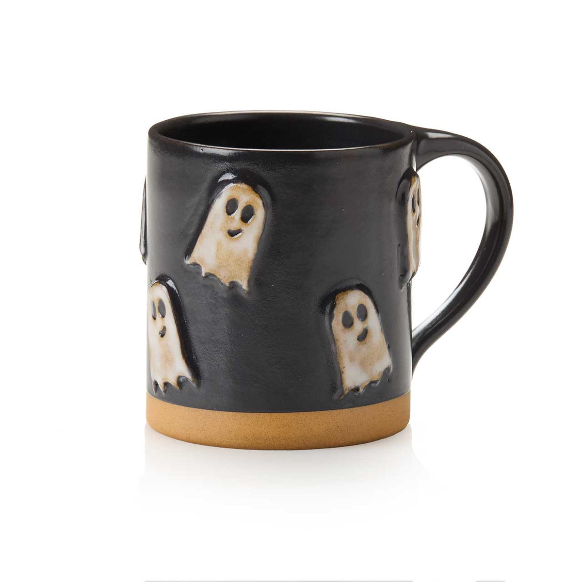 Matte black ceramic mug with raised ghost decorations.