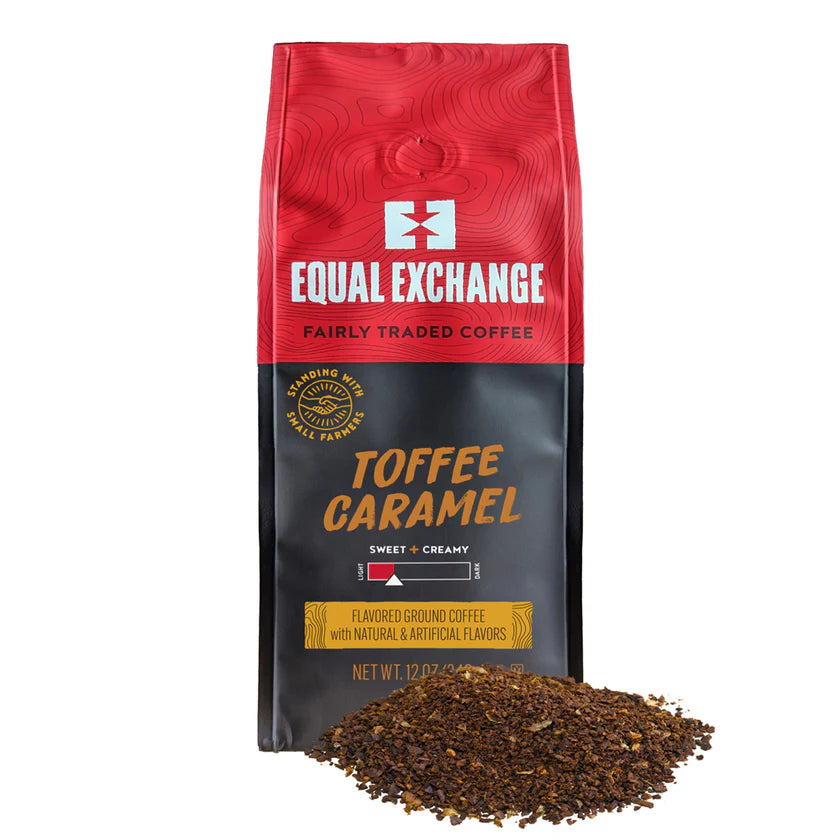 Red and black package of Equal Exchange Toffee Caramel coffee with ground coffee in front