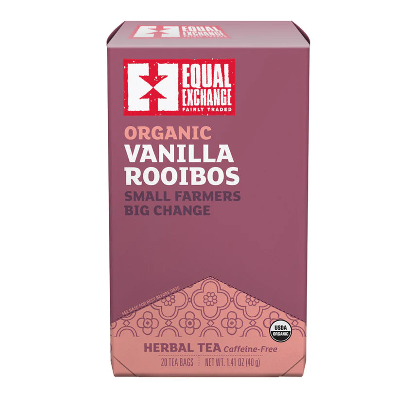 Box of Equal Exchange Organic Vanilla Rooibos Herbal Tea on a white background