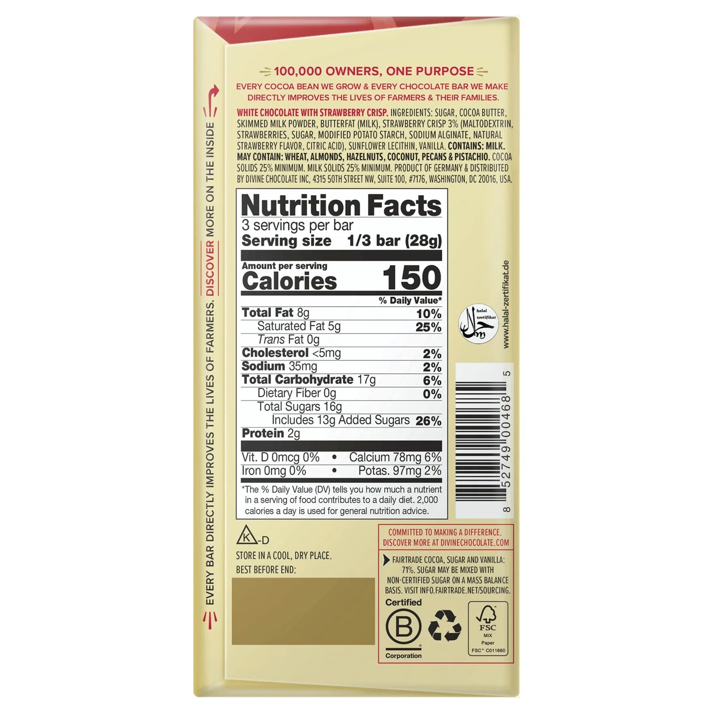 Nutrition facts label on a white chocolate bar packaging