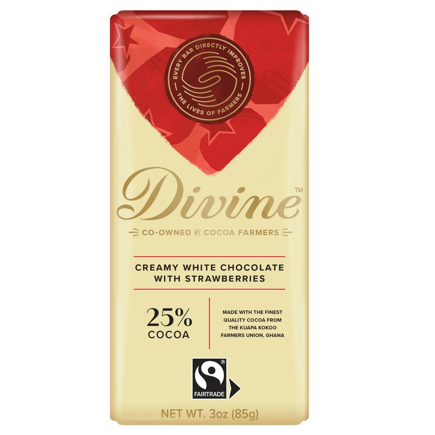 Divine creamy white chocolate with strawberries packaging on a white background