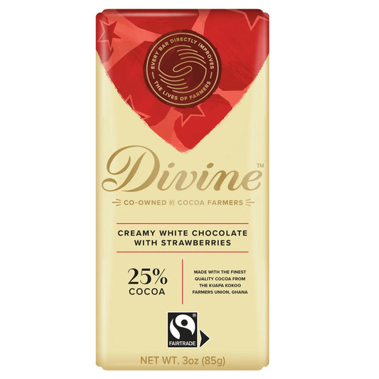 Divine creamy white chocolate with strawberries packaging on a white background